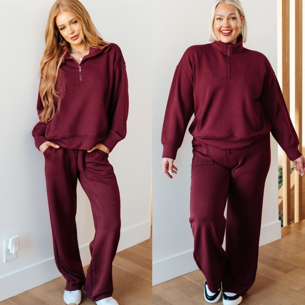 Rae Mode maroon luxe pullover and wide leg sweatpants set